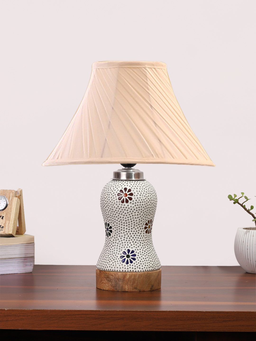 Ambika Home off-white Cotton Mosaic Glass Table Lamp | Decorative Bedside Lamp for Bedroom, Living Room, Hall, Hotel, Café, Restaurant, Office & Study Room | E27 Compatible
