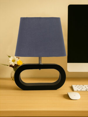 Ambika Home Grey cotton Oval Table Lamp with Black Wood Base | Bedside, Living Room & Study Lamp | E27 Compatible