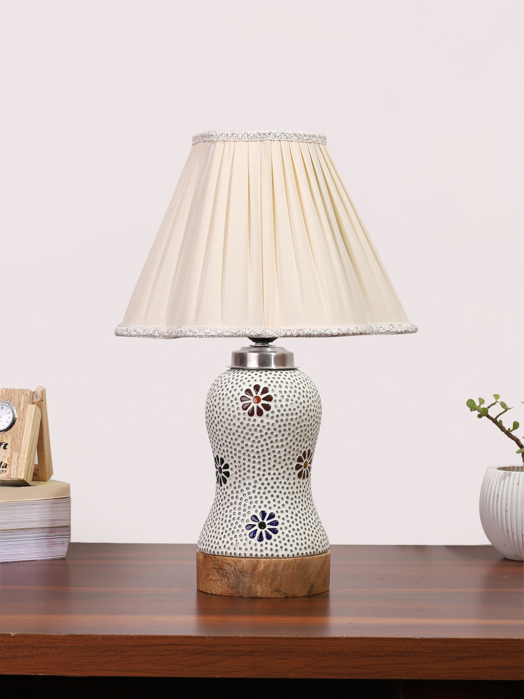 Ambika Home off-white Cotton Mosaic Glass Table Lamp | Decorative Bedside Lamp for Bedroom, Living Room, Hall, Hotel, Café, Restaurant, Office & Study Room | E27 Compatible