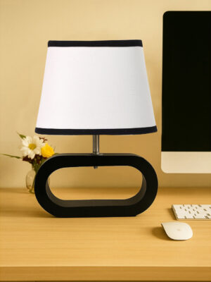 Ambika Home Multicolor cotton Oval Table Lamp with Black Wood Base | Bedside, Living Room & Study Lamp | E27 Compatible