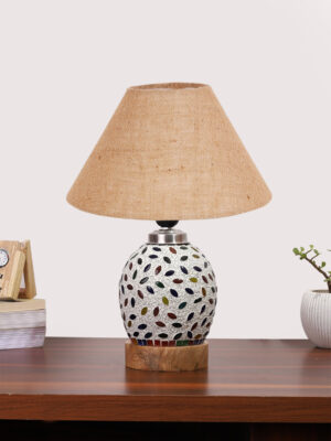 Ambika Home Beige Jute Mosaic Glass Table Lamp | Decorative Bedside Lamp for Bedroom, Living Room, Hall, Hotel, Café, Restaurant, Office & Study Room | E27 Compatible