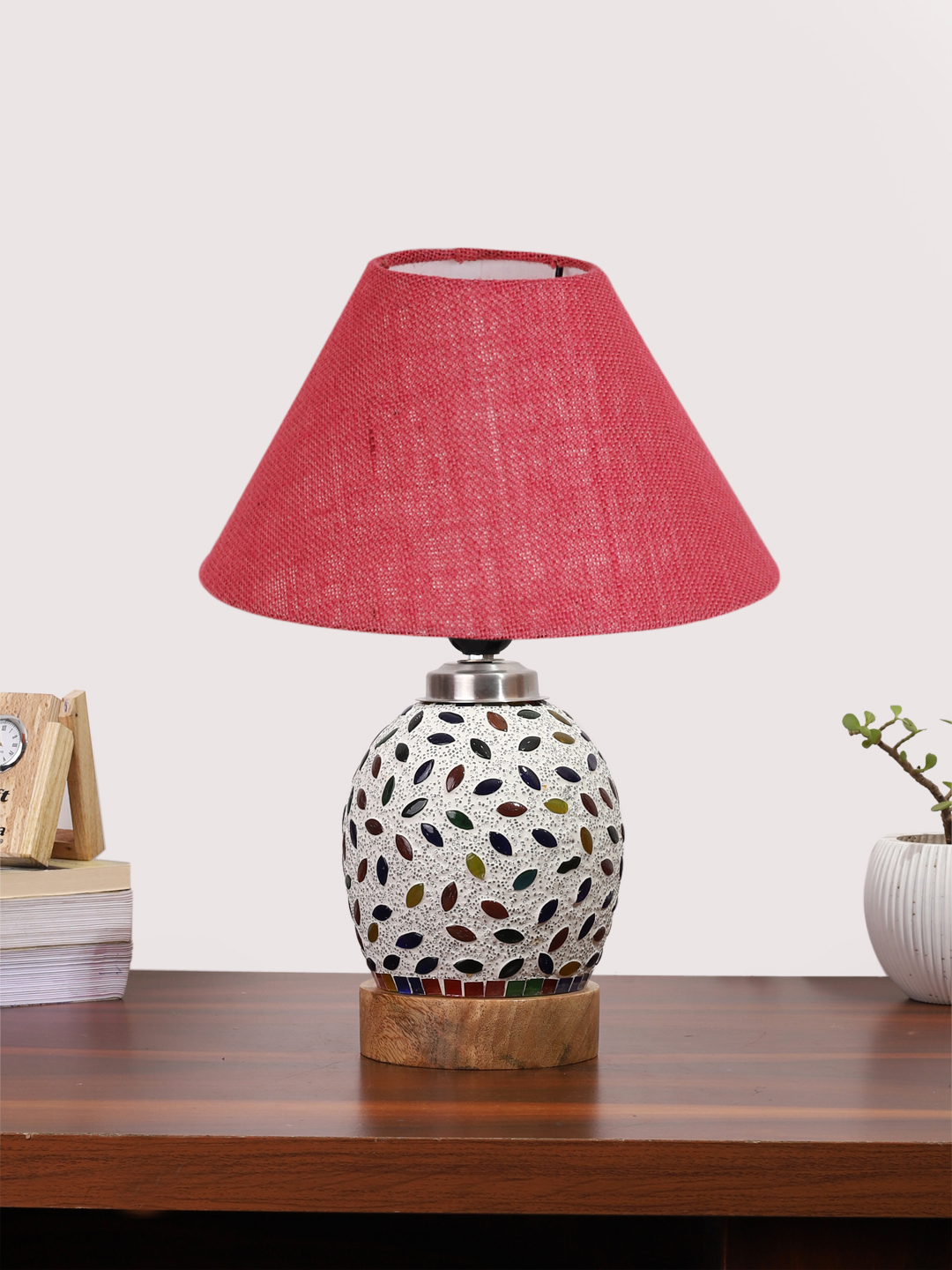 Ambika Home Pink Jute Mosaic Glass Table Lamp | Decorative Bedside Lamp for Bedroom, Living Room, Hall, Hotel, Café, Restaurant, Office & Study Room | E27 Compatible
