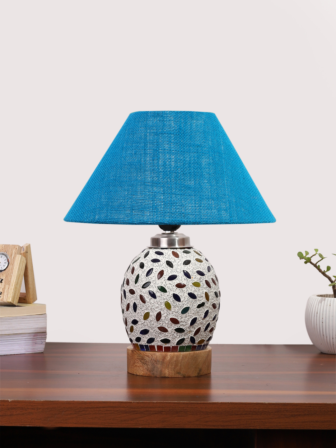 Ambika Home Turquoise Jute Mosaic Glass Table Lamp | Decorative Bedside Lamp for Bedroom, Living Room, Hall, Hotel, Café, Restaurant, Office & Study Room | E27 Compatible