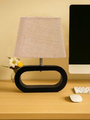 Ambika Home Beige Jute Oval Table Lamp with Black Wood Base | Bedside, Living Room & Study Lamp | E27 Compatible
