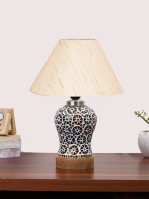 Ambika Home off-white Cotton Mosaic Glass Table Lamp | Decorative Bedside Lamp for Bedroom, Living Room, Hall, Hotel, Café, Restaurant, Office & Study Room | E27 Compatible