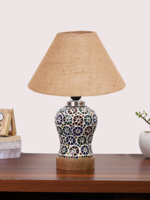 Ambika Home Beige Jute Mosaic Glass Table Lamp | Decorative Bedside Lamp for Bedroom, Living Room, Hall, Hotel, Café, Restaurant, Office & Study Room | E27 Compatible