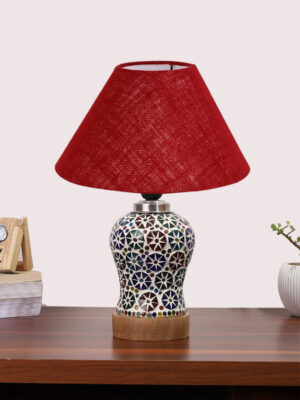 Ambika Home Maroon Jute Mosaic Glass Table Lamp | Decorative Bedside Lamp for Bedroom, Living Room, Hall, Hotel, Café, Restaurant, Office & Study Room | E27 Compatible