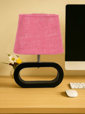 Ambika Home Pink Jute Oval Table Lamp with Black Wood Base | Bedside, Living Room & Study Lamp | E27 Compatible