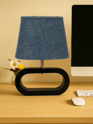 Ambika Home Blue Jute Oval Table Lamp with Black Wood Base | Bedside, Living Room & Study Lamp | E27 Compatible