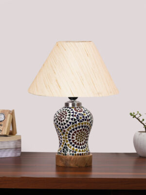 Ambika Home off-white Cotton Mosaic Glass Table Lamp | Decorative Bedside Lamp for Bedroom, Living Room, Hall, Hotel, Café, Restaurant, Office & Study Room | E27 Compatible