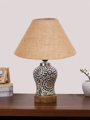 Ambika Home Beige Jute Mosaic Glass Table Lamp | Decorative Bedside Lamp for Bedroom, Living Room, Hall, Hotel, Café, Restaurant, Office & Study Room | E27 Compatible
