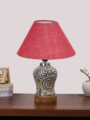 Ambika Home Pink Jute Mosaic Glass Table Lamp | Decorative Bedside Lamp for Bedroom, Living Room, Hall, Hotel, Café, Restaurant, Office & Study Room | E27 Compatible