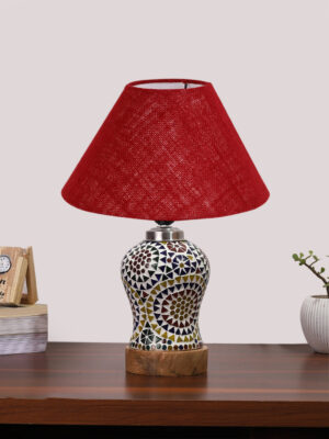 Ambika Home Maroon Jute Mosaic Glass Table Lamp | Decorative Bedside Lamp for Bedroom, Living Room, Hall, Hotel, Café, Restaurant, Office & Study Room | E27 Compatible
