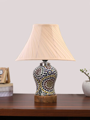 Ambika Home off-white Cotton Mosaic Glass Table Lamp | Decorative Bedside Lamp for Bedroom, Living Room, Hall, Hotel, Café, Restaurant, Office & Study Room | E27 Compatible