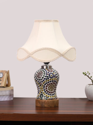Ambika Home off-white Cotton Mosaic Glass Table Lamp | Decorative Bedside Lamp for Bedroom, Living Room, Hall, Hotel, Café, Restaurant, Office & Study Room | E27 Compatible