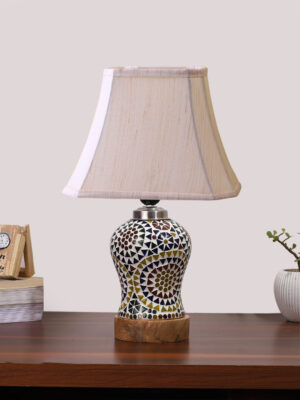Ambika Home off-white Jute Mosaic Glass Table Lamp | Decorative Bedside Lamp for Bedroom, Living Room, Hall, Hotel, Café, Restaurant, Office & Study Room | E27 Compatible