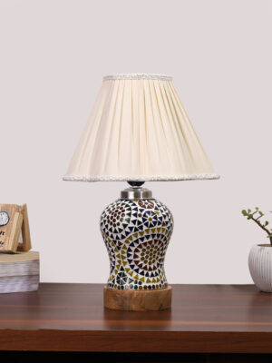 Ambika Home off-white Cotton Mosaic Glass Table Lamp | Decorative Bedside Lamp for Bedroom, Living Room, Hall, Hotel, Café, Restaurant, Office & Study Room | E27 Compatible