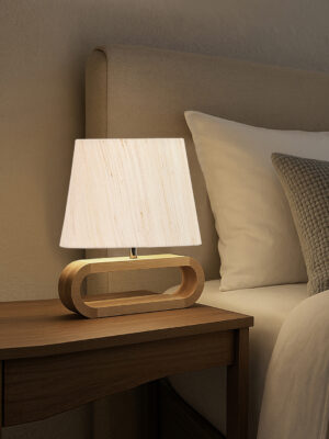 Ambika Home off-white cotton Oval Table Lamp with Natural Wood Base | Bedside, Living Room & Study Lamp | E27 Compatible