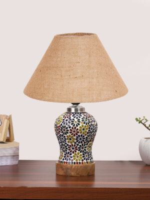 Ambika Home Beige Jute Mosaic Glass Table Lamp | Decorative Bedside Lamp for Bedroom, Living Room, Hall, Hotel, Café, Restaurant, Office & Study Room | E27 Compatible