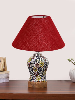 Ambika Home Maroon Jute Mosaic Glass Table Lamp | Decorative Bedside Lamp for Bedroom, Living Room, Hall, Hotel, Café, Restaurant, Office & Study Room | E27 Compatible