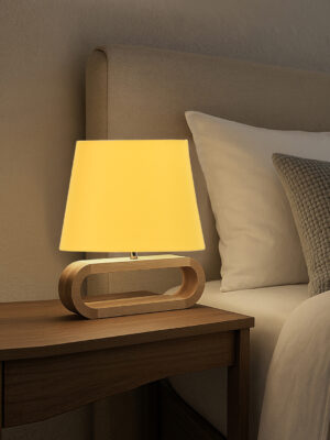 Ambika Home Yellow cotton Oval Table Lamp with Natural Wood Base | Bedside, Living Room & Study Lamp | E27 Compatible