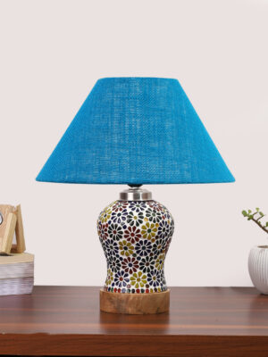 Ambika Home Turquoise Jute Mosaic Glass Table Lamp | Decorative Bedside Lamp for Bedroom, Living Room, Hall, Hotel, Café, Restaurant, Office & Study Room | E27 Compatible