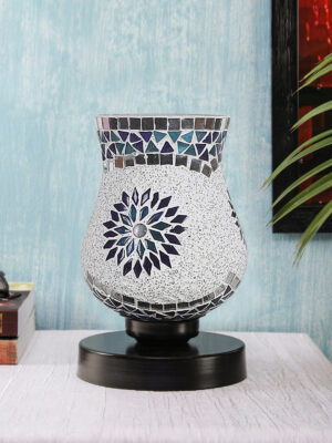 Ambika Home Nordic Mosaic White Mosaic Glass Table Lamp with Wooden Base | Premium Bedside Lamp for Bedroom, Living Room, Hall, Hotel, Café, Restaurant & Office | E27 Compatible