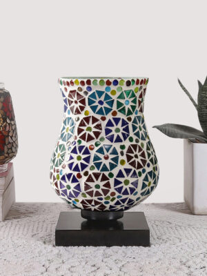Ambika Home Heritage Mosaic Multicolor Mosaic Glass Table Lamp with Wooden Base | Premium Bedside Lamp for Bedroom, Living Room, Hall, Hotel, Café, Restaurant & Office | E27 Compatible