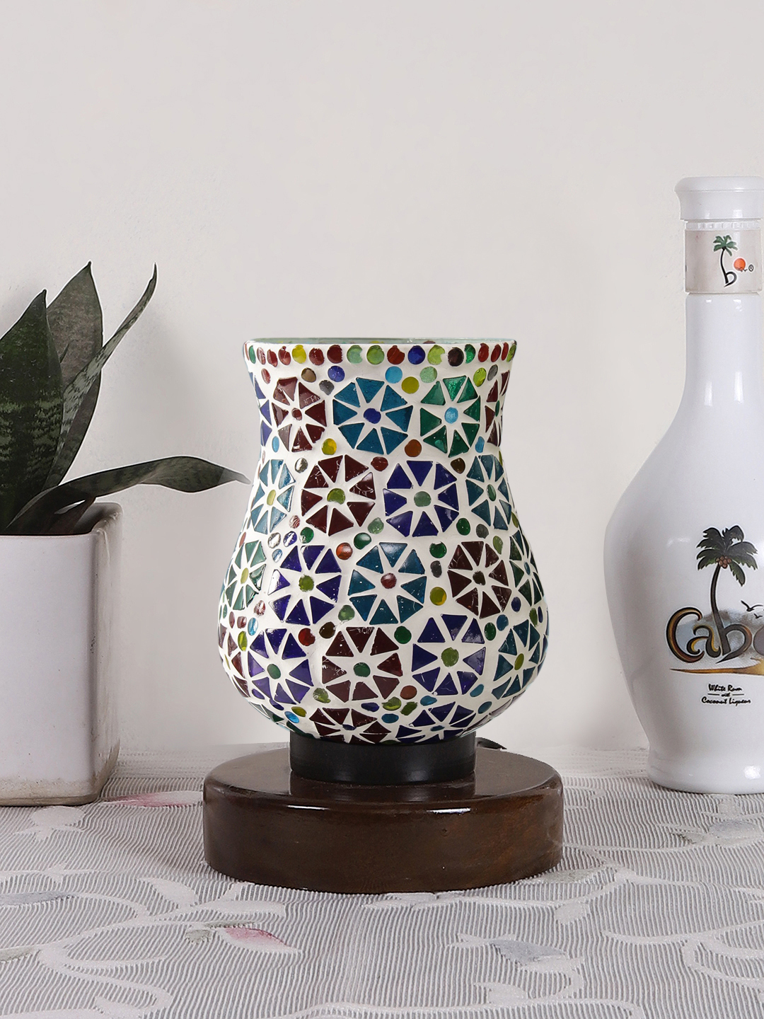 Ambika Home Bohemia Mosaic Multicolor Mosaic Glass Table Lamp with Wooden Base | Premium Bedside Lamp for Bedroom, Living Room, Hall, Hotel, Café, Restaurant & Office | E27 Compatible