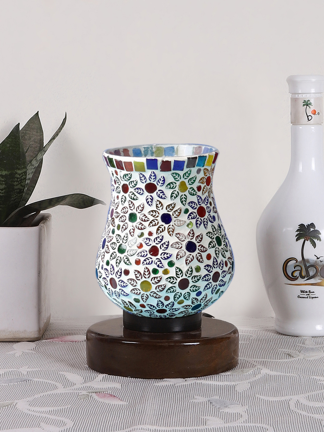 Ambika Home Verona Mosaic Multicolor Mosaic Glass Table Lamp with Wooden Base | Premium Bedside Lamp for Bedroom, Living Room, Hall, Hotel, Café, Restaurant & Office | E27 Compatible