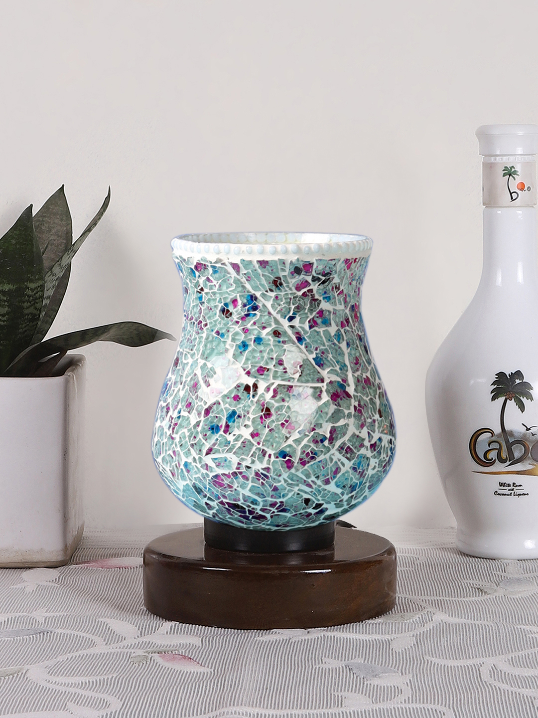Ambika Home Elara Mosaic Multicolor Mosaic Glass Table Lamp with Wooden Base | Premium Bedside Lamp for Bedroom, Living Room, Hall, Hotel, Café, Restaurant & Office | E27 Compatible