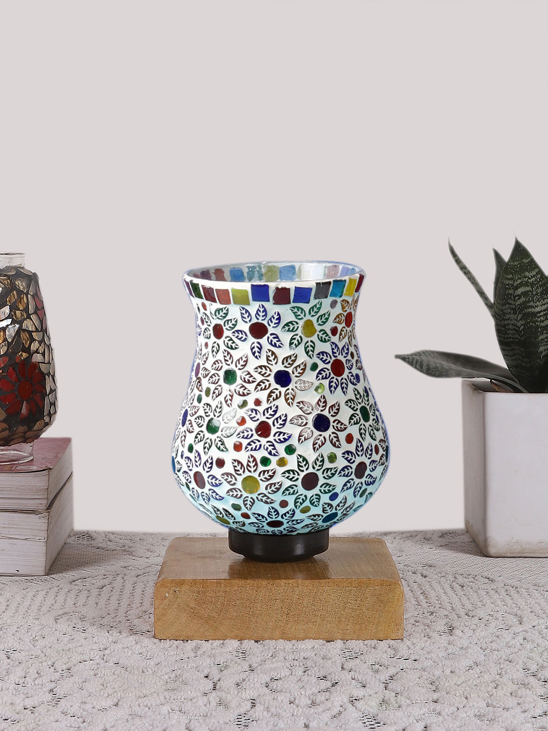 Ambika Home Elara Mosaic Multicolor Mosaic Glass Table Lamp with Wooden Base | Premium Bedside Lamp for Bedroom, Living Room, Hall, Hotel, Café, Restaurant & Office | E27 Compatible