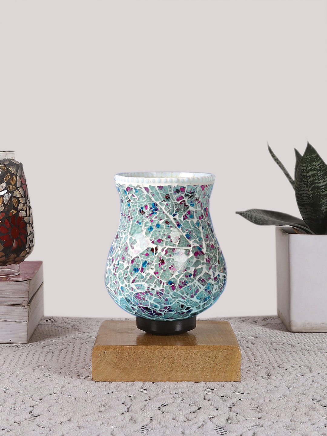 Ambika Home Solara Mosaic Multicolor Mosaic Glass Table Lamp with Wooden Base | Premium Bedside Lamp for Bedroom, Living Room, Hall, Hotel, Café, Restaurant & Office | E27 Compatible