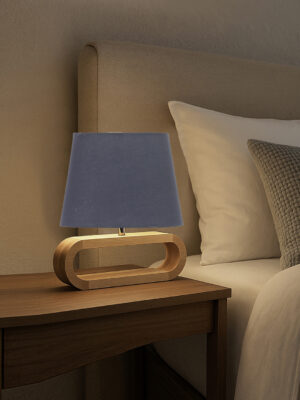 Ambika Home Grey cotton Oval Table Lamp with Natural Wood Base | Bedside, Living Room & Study Lamp | E27 Compatible