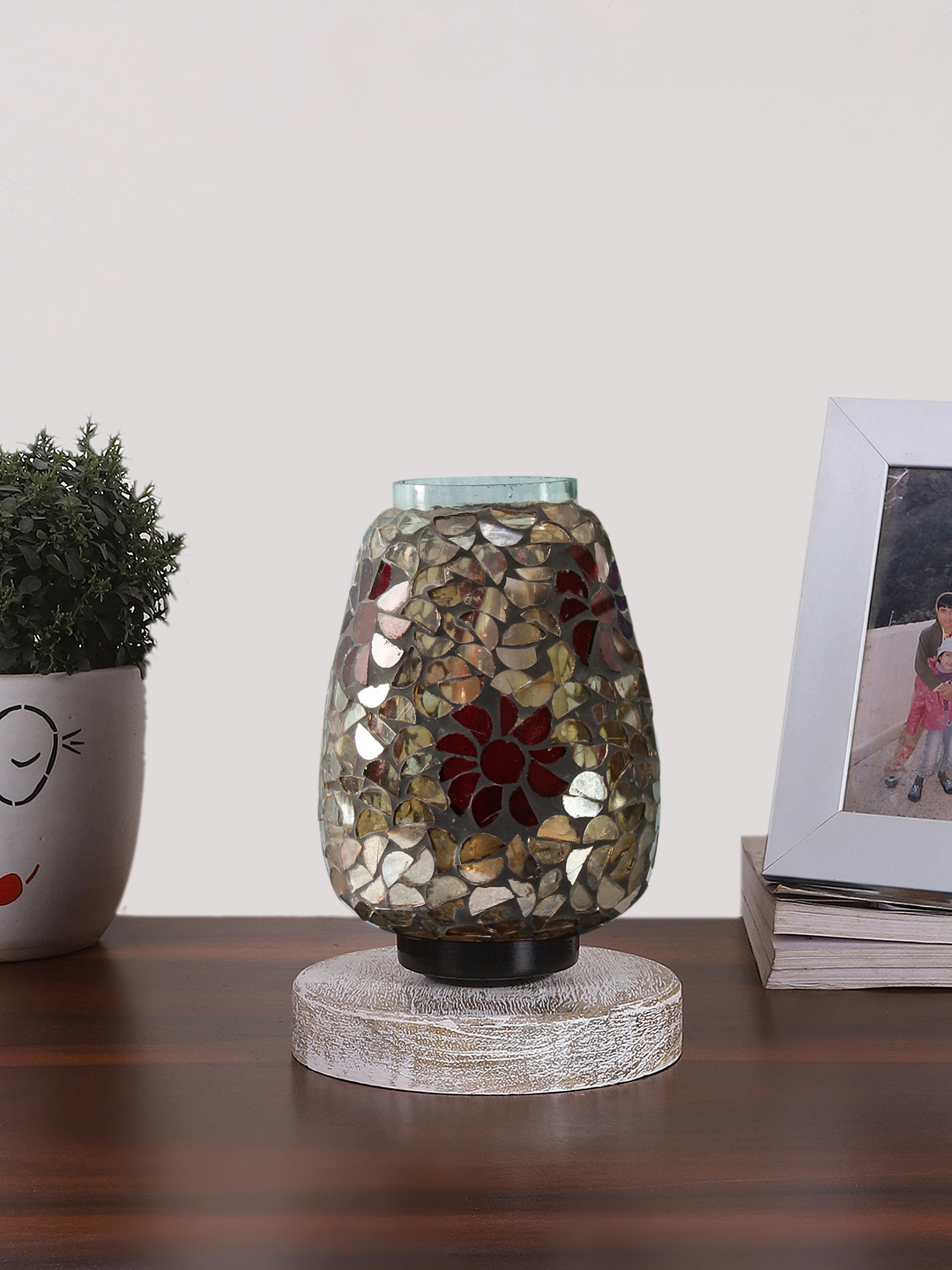 Ambika Home Elara Mosaic Multicolor Mosaic Glass Table Lamp with Wooden Base | Premium Bedside Lamp for Bedroom, Living Room, Hall, Hotel, Café, Restaurant & Office | E27 Compatible