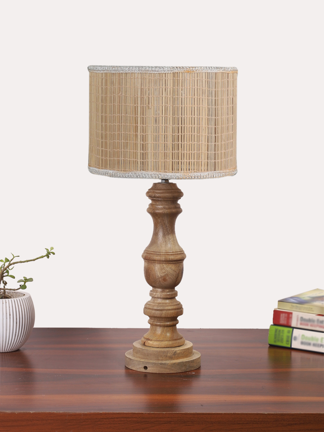 Ambika Home Beige Bamboo Wooden Table Lamp | Decorative Bedside Lamp for Bedroom, Living Room, Hall, Hotel, Café, Restaurant, Office & Study Room | E27 Compatible