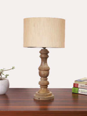 Ambika Home off-white cotton Wooden Table Lamp | Decorative Bedside Lamp for Bedroom, Living Room, Hall, Hotel, Café, Restaurant, Office & Study Room | E27 Compatible