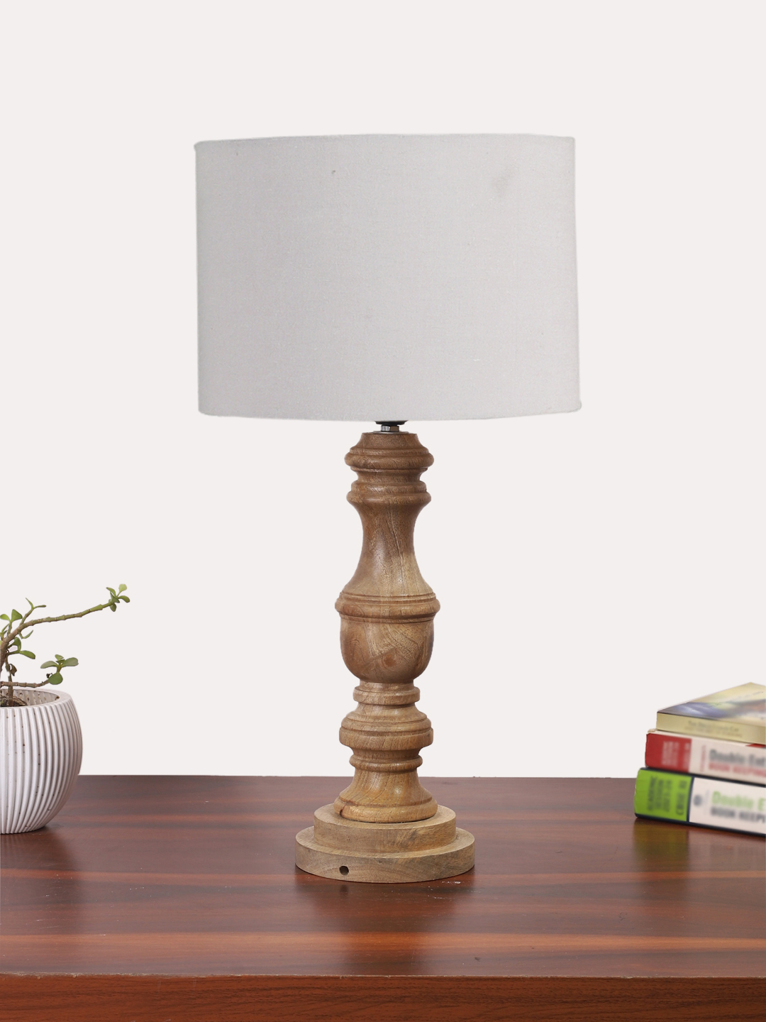 Ambika Home Grey cotton Wooden Table Lamp | Decorative Bedside Lamp for Bedroom, Living Room, Hall, Hotel, Café, Restaurant, Office & Study Room | E27 Compatible