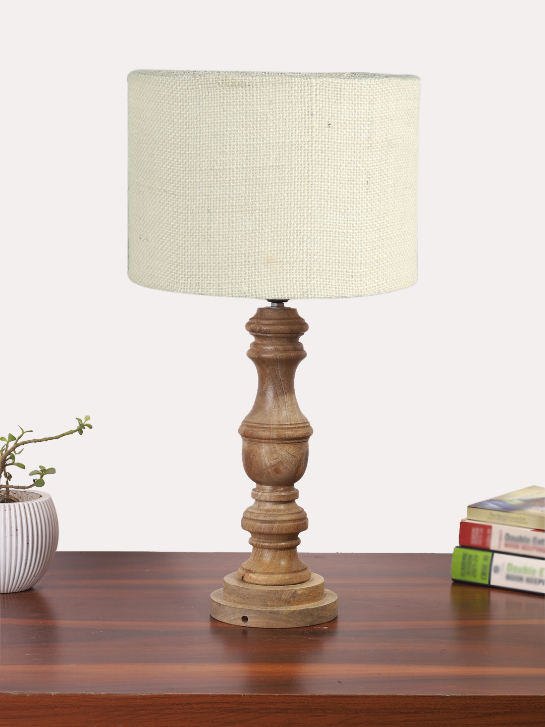 Ambika Home White Jute Wooden Table Lamp | Decorative Bedside Lamp for Bedroom, Living Room, Hall, Hotel, Café, Restaurant, Office & Study Room | E27 Compatible