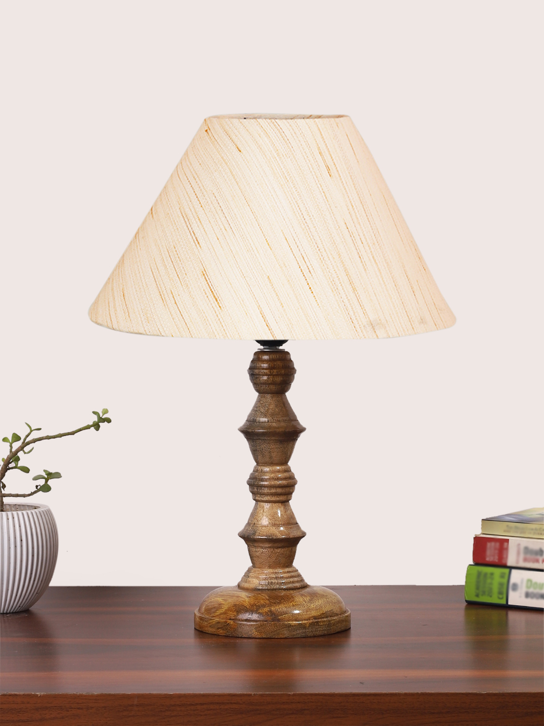 Ambika Home off-white cotton Wooden Table Lamp | Decorative Bedside Lamp for Bedroom, Living Room, Hall, Hotel, Café, Restaurant, Office & Study Room | E27 Compatible