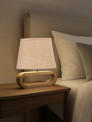 Ambika Home Beige Jute Oval Table Lamp with Natural Wood Base | Bedside, Living Room & Study Lamp | E27 Compatible