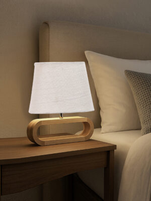 Ambika Home White Jute Oval Table Lamp with Natural Wood Base | Bedside, Living Room & Study Lamp | E27 Compatible