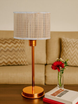 Ambika Home Aurora Collection Beige Table Lamp with Metal Copper Finish Base | Premium Bedside Lamp for Bedroom, Living Room, Hall, Hotel, Café & Office | E27 Compatible
