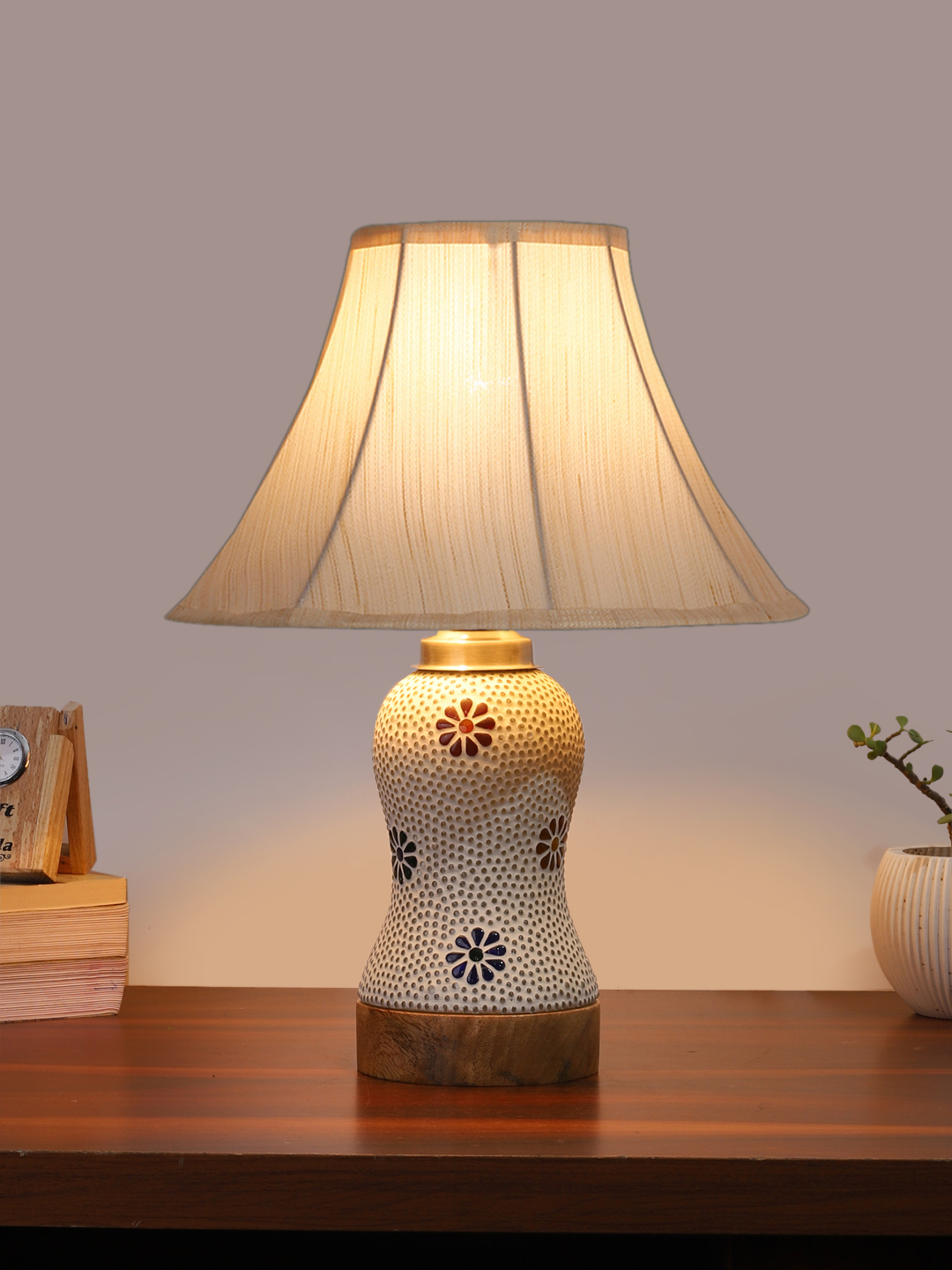 Ambika Home off-white Cotton Mosaic Glass Table Lamp | Decorative Bedside Lamp for Bedroom, Living Room, Hall, Hotel, Café, Restaurant, Office & Study Room | E27 Compatible - Image 2