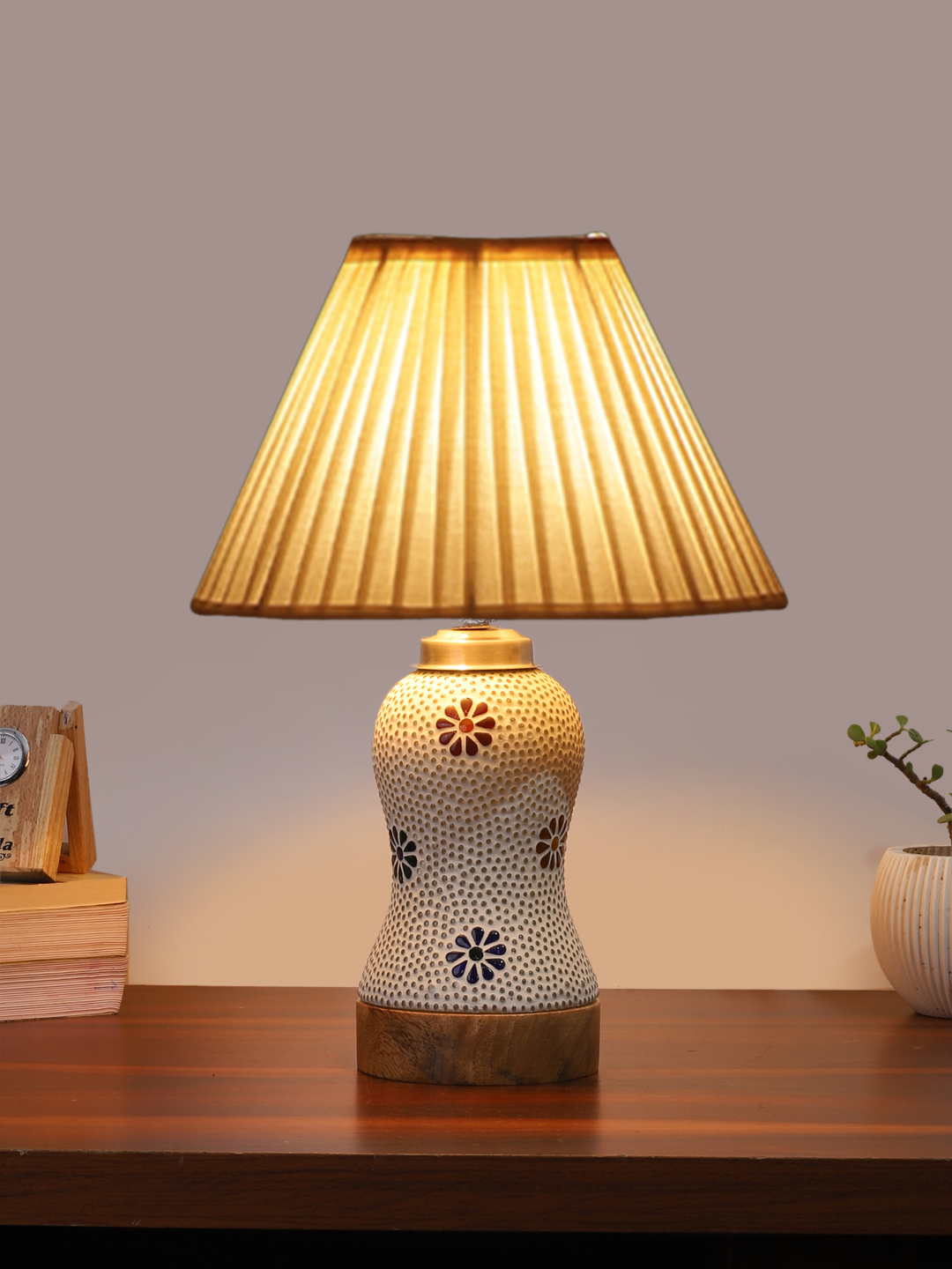 Ambika Home off-white Cotton Mosaic Glass Table Lamp | Decorative Bedside Lamp for Bedroom, Living Room, Hall, Hotel, Café, Restaurant, Office & Study Room | E27 Compatible - Image 2