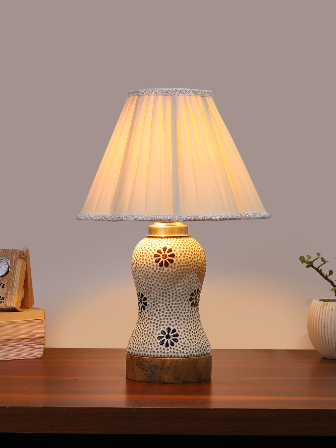 Ambika Home off-white Cotton Mosaic Glass Table Lamp | Decorative Bedside Lamp for Bedroom, Living Room, Hall, Hotel, Café, Restaurant, Office & Study Room | E27 Compatible - Image 2