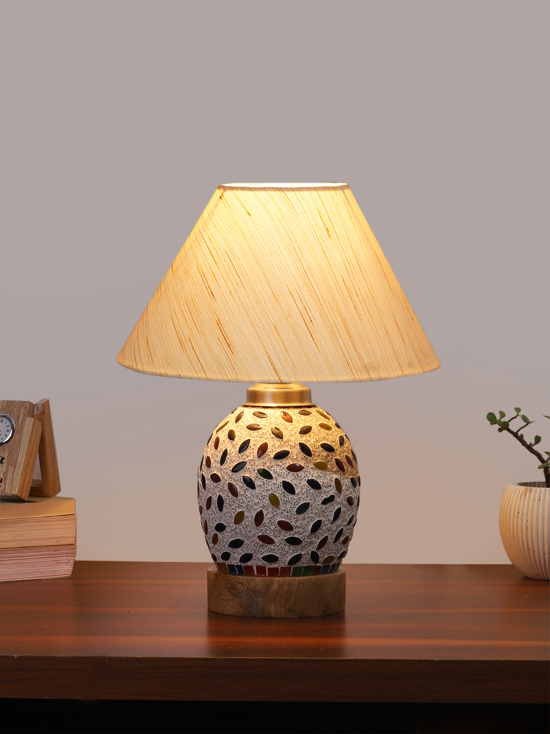 Ambika Home off-white Cotton Mosaic Glass Table Lamp | Decorative Bedside Lamp for Bedroom, Living Room, Hall, Hotel, Café, Restaurant, Office & Study Room | E27 Compatible - Image 2