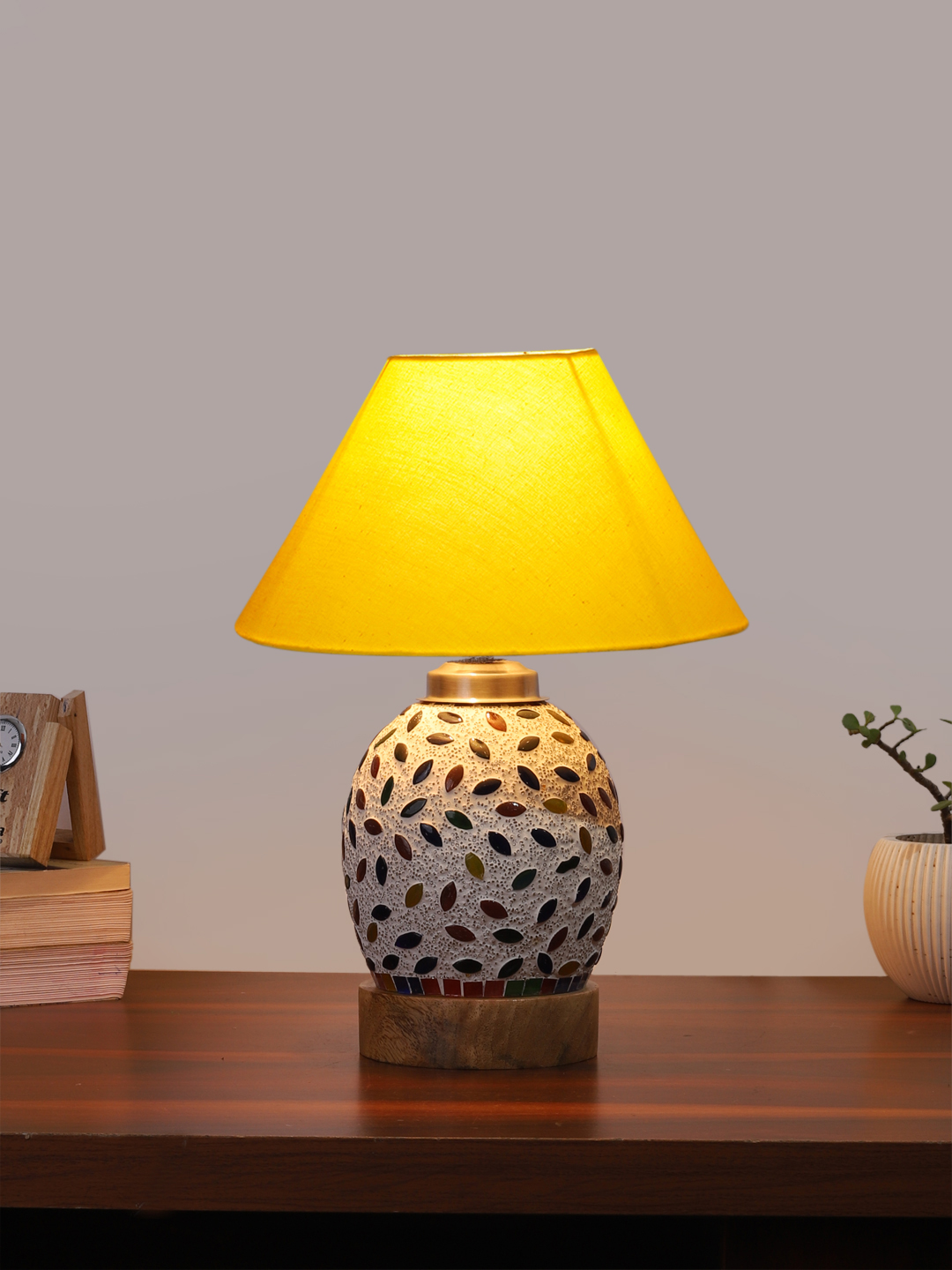 Ambika Home Yellow Cotton Mosaic Glass Table Lamp | Decorative Bedside Lamp for Bedroom, Living Room, Hall, Hotel, Café, Restaurant, Office & Study Room | E27 Compatible - Image 2