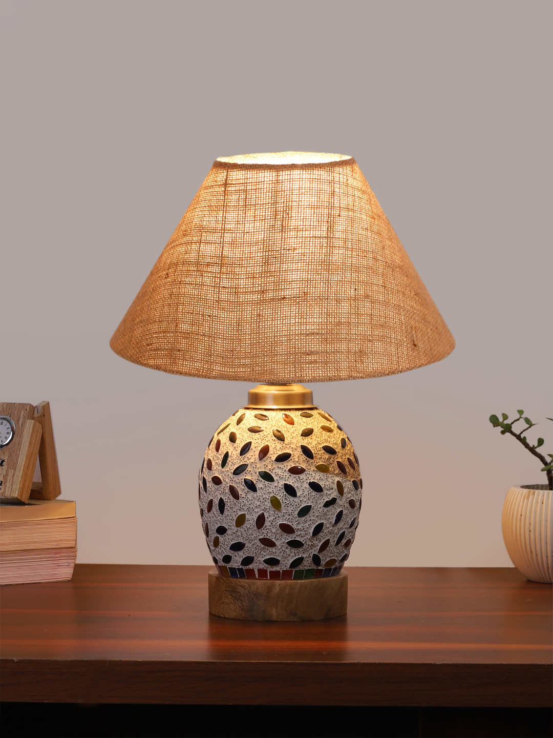 Ambika Home Beige Jute Mosaic Glass Table Lamp | Decorative Bedside Lamp for Bedroom, Living Room, Hall, Hotel, Café, Restaurant, Office & Study Room | E27 Compatible - Image 2