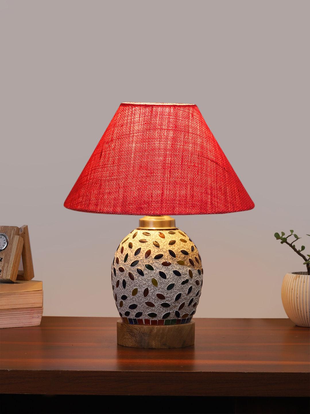 Ambika Home Pink Jute Mosaic Glass Table Lamp | Decorative Bedside Lamp for Bedroom, Living Room, Hall, Hotel, Café, Restaurant, Office & Study Room | E27 Compatible - Image 2